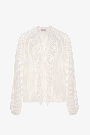 Fırfırlı V Yaka Transparan Gömlek Ekru