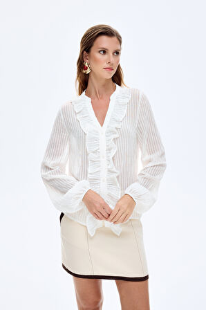 Fırfırlı V Yaka Transparan Gömlek Ekru