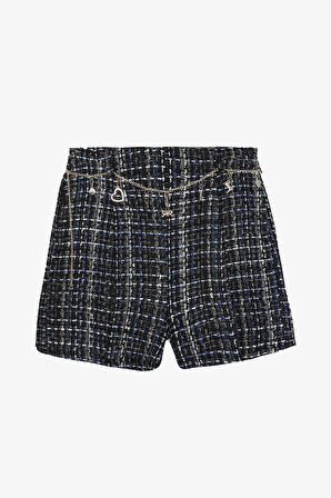 Zincir Kemerli Tüvit Mini Şort Lacivert