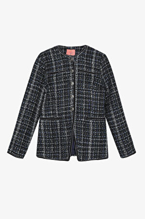 Yuvarlak Yaka Düğmeli Tüvit Ceket Lacivert