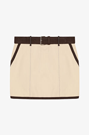 Kontrast Dikiş Detaylı Kemerli Mini Etek Bej