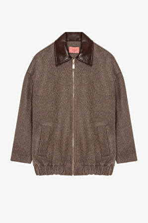 Kontrast Deri Yaka Oversize Kaşe Ceket Vizon