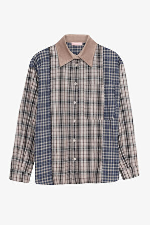 Renk Bloklu Ekose Oversize Gömlek Bej