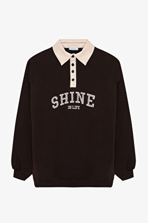 Kontrast Yaka Nakışlı Oversize Sweatshirt Kahverengi