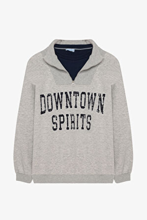 Fermuar Yaka Yazı Baskılı Oversize Sweatshirt Grimelanj