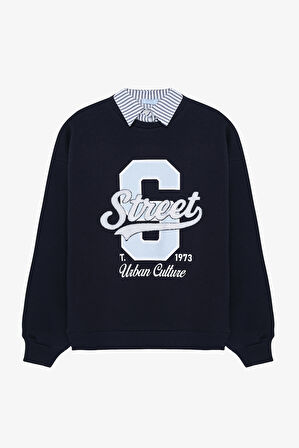 Gömlek Yaka Street Baskılı Oversize Sweatshirt Lacivert