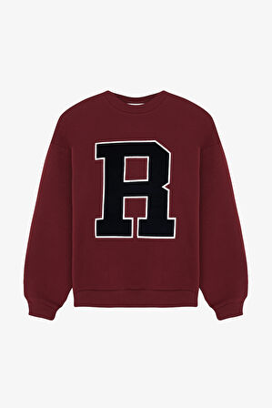 R Nakışlı Oversize Sweatshirt Bordo