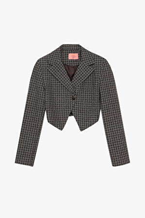 Ekose Tek Düğmeli Crop Blazer Ceket Kahverengi
