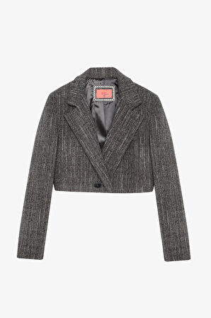 Kruvaze Yaka Kaşe Crop Blazer Ceket Antrasit