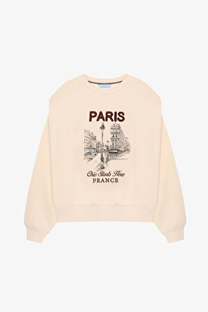 Vatkalı Paris Baskılı Oversize Sweatshirt Bej