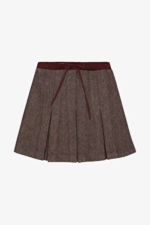 Beli Bağcıklı Pileli Mini Etek Kahverengi