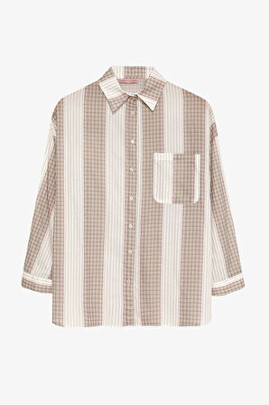 Çizgili Ekose Garnili Oversize Gömlek Ekru