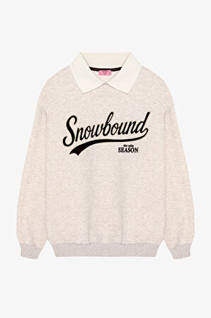 Kontrast Yaka Baskılı Oversize Sweatshirt Bej