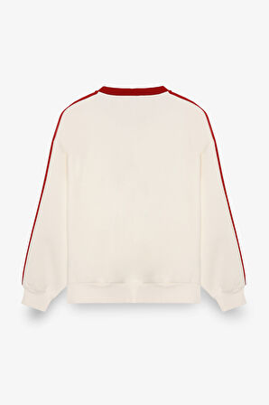 Şeritli Yazı Baskılı V Yaka Sweatshirt Ekru