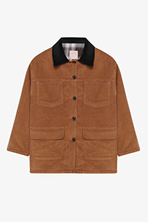 Kontrast Yaka Cepli Oversize Kadife Ceket Kahverengi