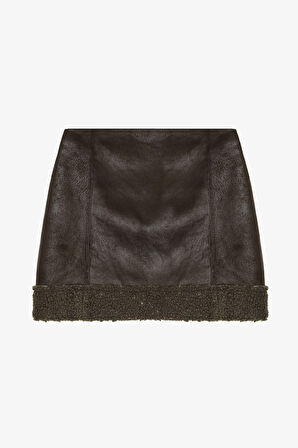 Kürk Garnili Süet Mini Etek Haki