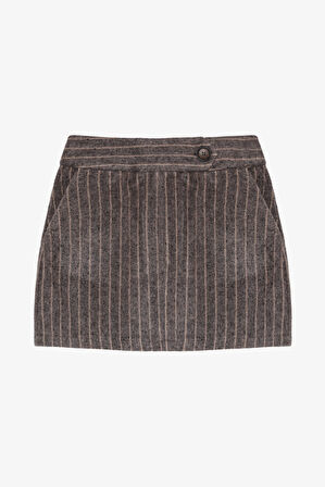 Çizgili Kaşe Mini Etek Vizon