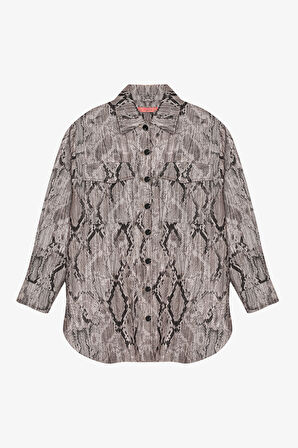 Yılan Desenli Oversize Gömlek Kahverengi