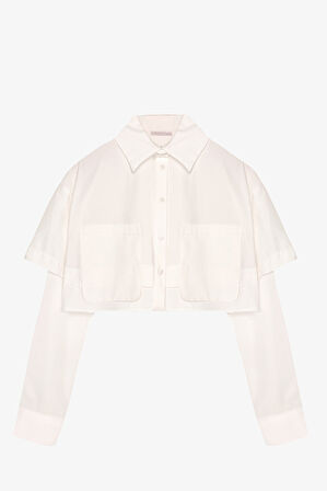Çift Kat Görünümlü Crop Gömlek Ekru