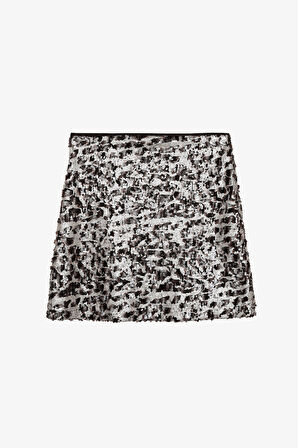 Payetli Leopar Desen Mini Etek Kahverengi