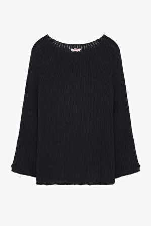 Kayık Yaka Oversize Triko Kazak Siyah