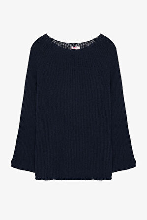 Kayık Yaka Oversize Triko Kazak Lacivert