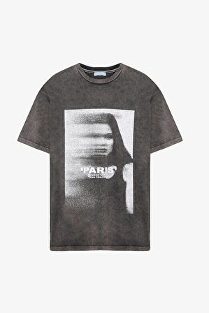 Yıkamalı Paris Baskılı Oversize Tişört Antrasit