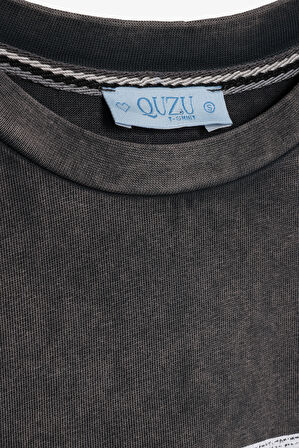 Yıkamalı Paris Baskılı Oversize Tişört Antrasit