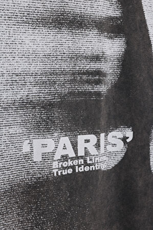 Yıkamalı Paris Baskılı Oversize Tişört Antrasit