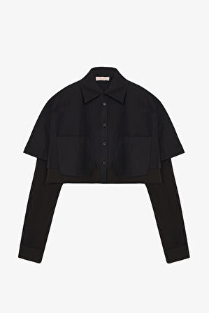 Çift Kat Görünümlü Crop Gömlek Siyah