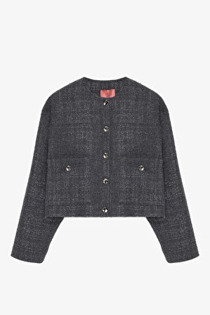 Yuvarlak Yaka Cepli Tüvit Ceket Antrasit