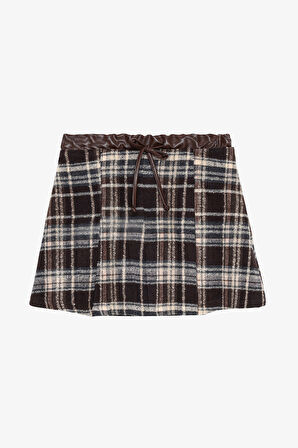 Deri Garnili Ekose Pileli Mini Etek Kahverengi