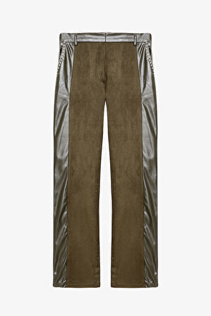 Deri Garnili Bol Paça Süet Pantolon Haki