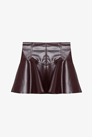 Volanlı Deri Mini Etek Bordo