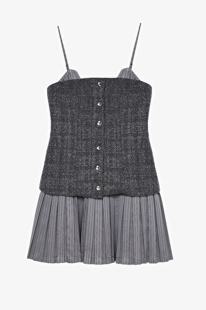 Tüvit Büstiyer Garnili Pileli Mini Elbise Antrasit