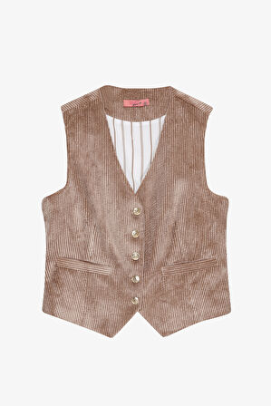 V Yaka Kadife Yelek Camel