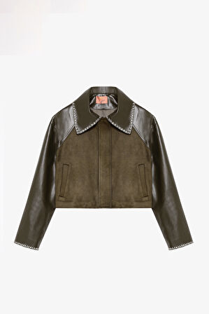 Deri Garnili Kısa Süet Ceket Haki