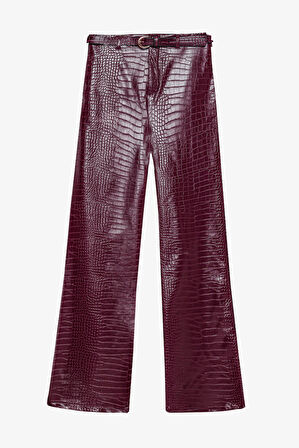 Kroko Desenli Bol Paça Deri Pantolon Mürdüm