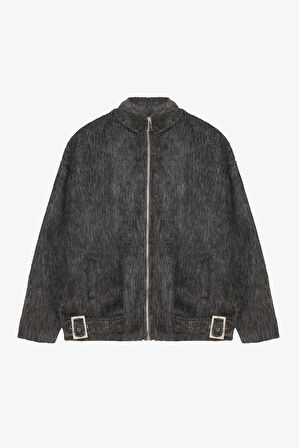 Tüylü Tokalı Oversize Bomber Ceket Antrasit