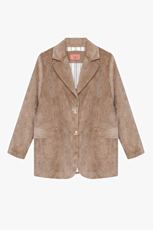 Broş Aksesuarlı Kadife Blazer Ceket Camel