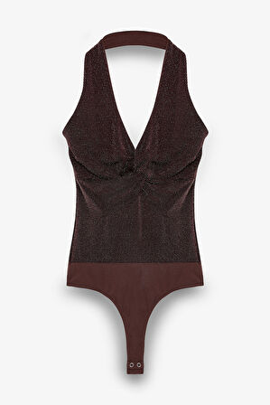 Simli Drape Düğümlü Bodysuit Kahverengi