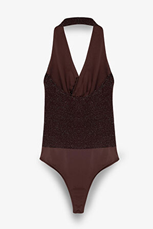Simli Drape Düğümlü Bodysuit Kahverengi