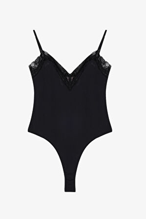Dantel Yaka Askılı Bodysuit Siyah