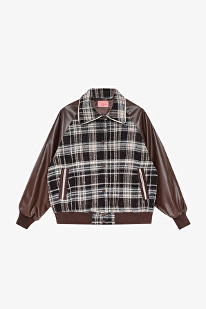 Deri Garnili Ekose Oversize Bomber Ceket Kahverengi