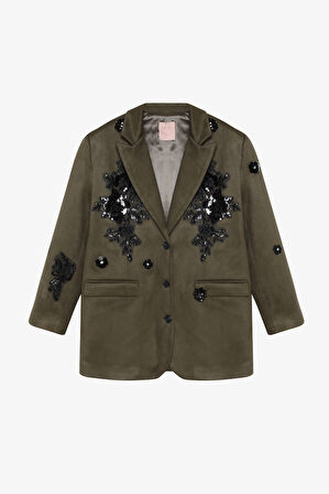 Dantel Aplikeli Süet Blazer Ceket Haki