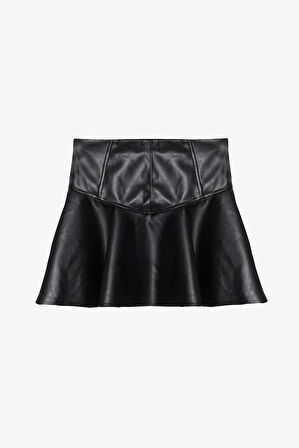 Volanlı Deri Mini Etek Siyah