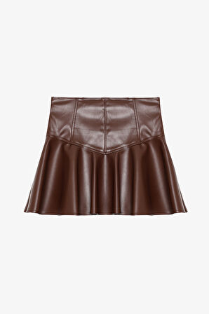 Volanlı Deri Mini Etek Kahverengi