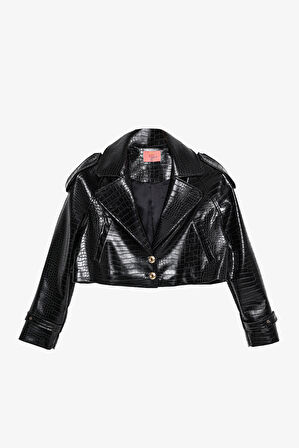 Kroko Desenli Crop Deri Ceket Siyah