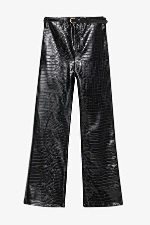 Kroko Desenli Bol Paça Deri Pantolon Siyah