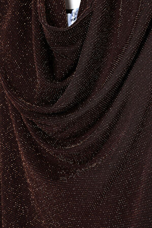 Simli Drape Yaka Midi Elbise Kahverengi